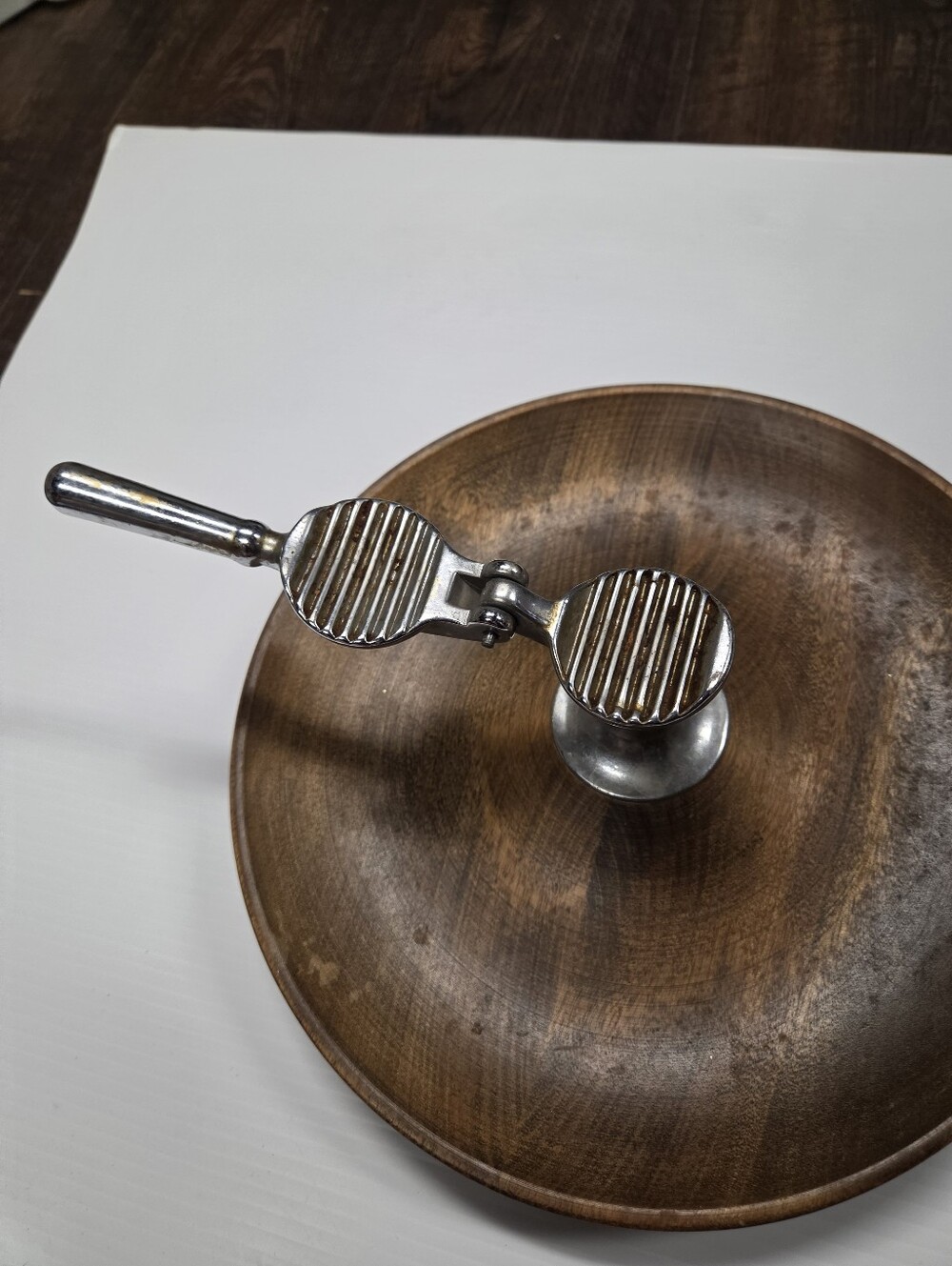 Vintage Mid-Century Modern Wood Nut Bowl with Attached Metal Nutcracker - Picture 4 of 7